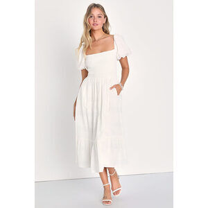 Lulus Budding Charm White Smocked Puff Sleeve Midi Dress With Pockets - Size M